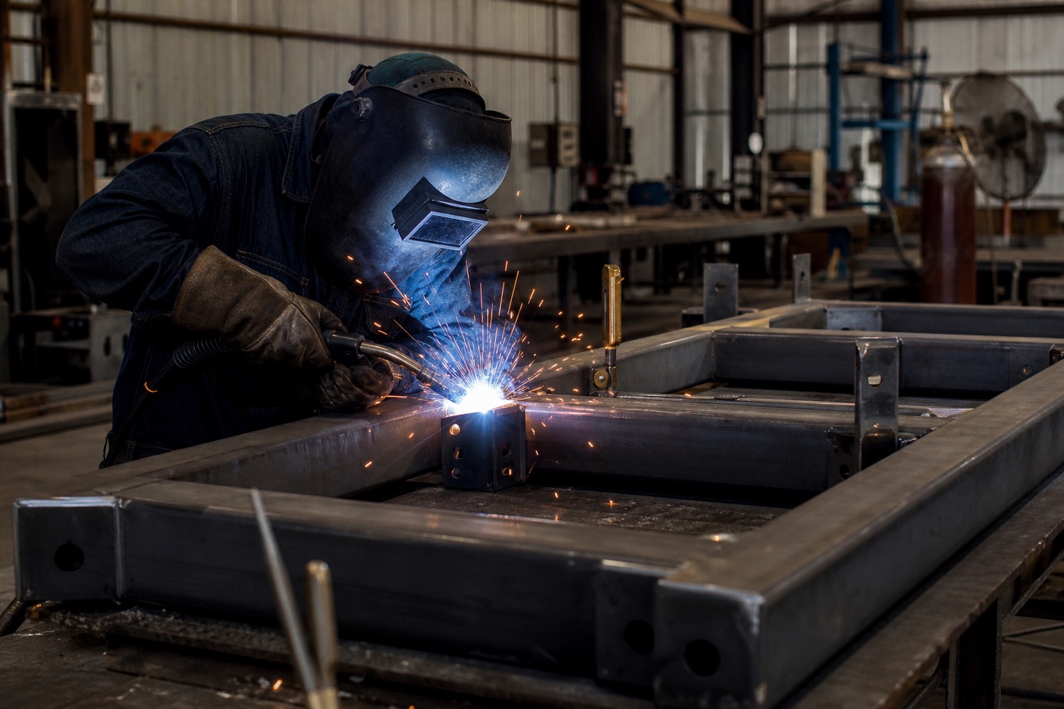 Professional welder fabricating a steel structure